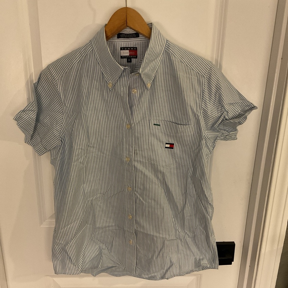 Tommy Hilfiger - Butter Down Short Sleeve Striped Shirt - Blue - Ladies Size 8 - Picture 1 of 11